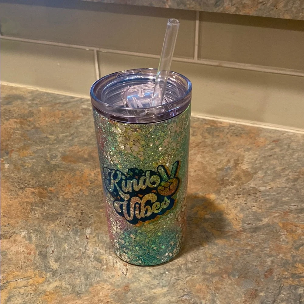 Glittery 'Kind Vibes' Tumbler with Straw